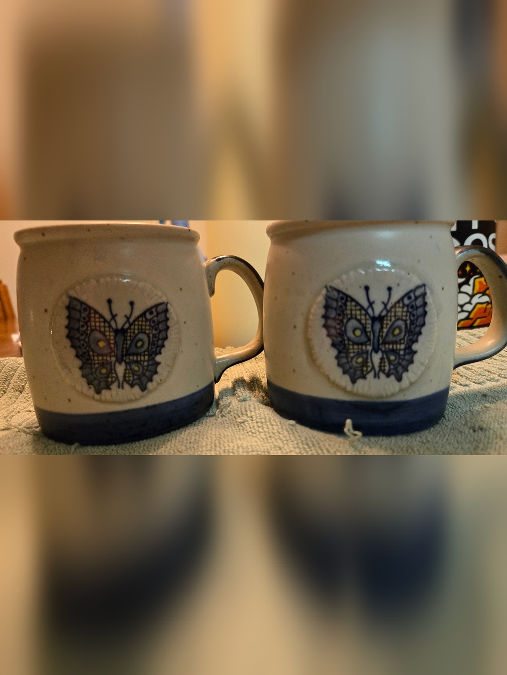 Vintage Otagiri Stoneware Mugs — Cream with Navy Blue Trim (Set of 2)